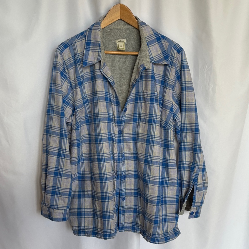 LL Bean Women's Chore Jacket Vintage Blue Plaid Fleece Lined Size 1X EUC
